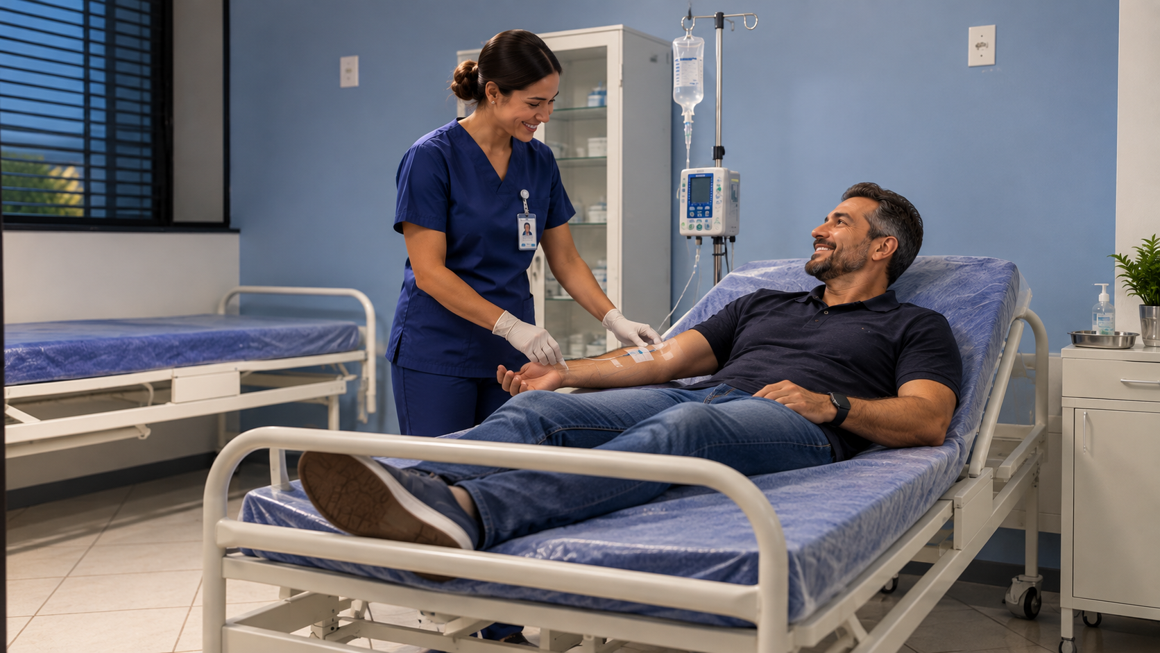Profissional de saúde acompanhando paciente em sessão de infusão